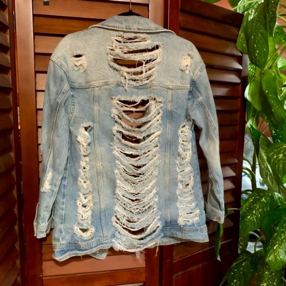 Fashion Nova Jackets & Blazers - Distressed Oversized Denim Jacket | Size Small | Fashion Nova | Jean Jacket